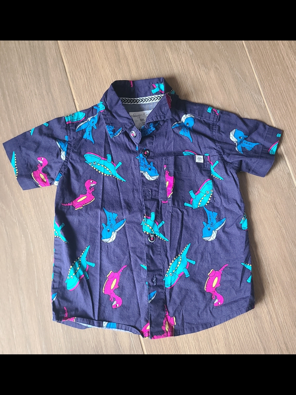 Dino Shark Crocodile Pool Floatie Print Short Sleeve Button-Up Shirt 18 Months